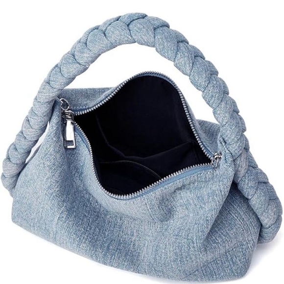 NWT Women Denim Vintage Jean Purse Woven Top Handle Lightweight Designer Chain - Picture 3 of 6